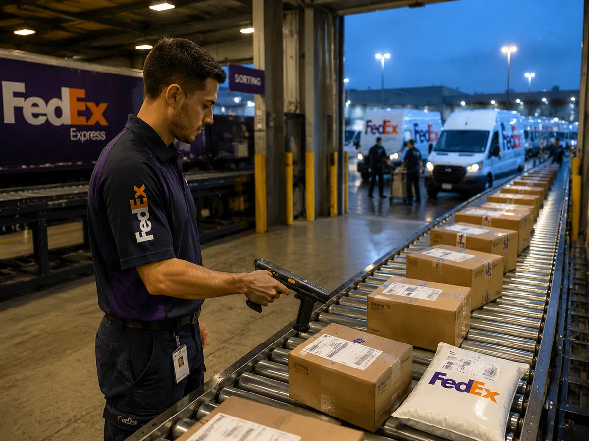 Courier keying a route code on the CedaGlo C63 at a parcel sorting hub