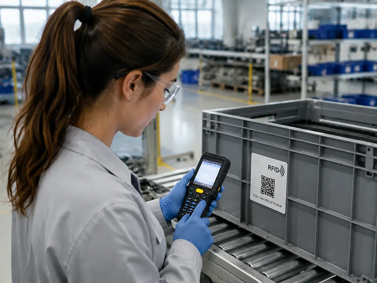 Worker logging batch codes with the CedaGlo C63 beside a production line