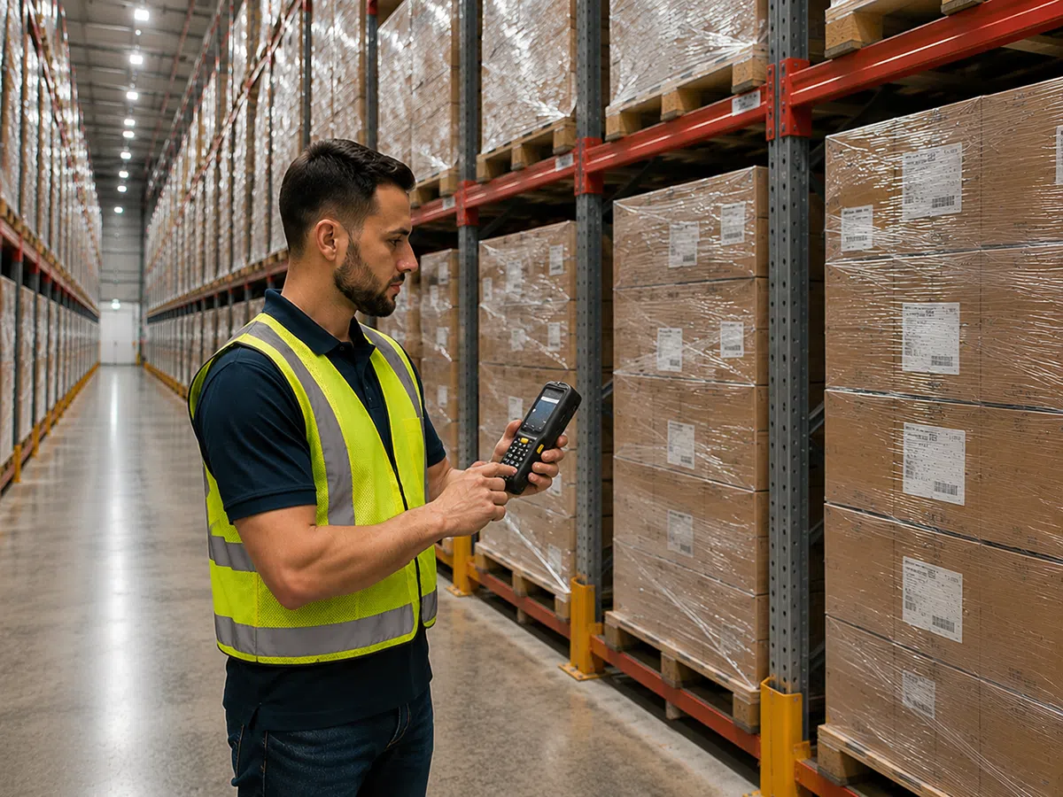 Operator keying a pick quantity on the CedaGlo C63 in a warehouse aisle