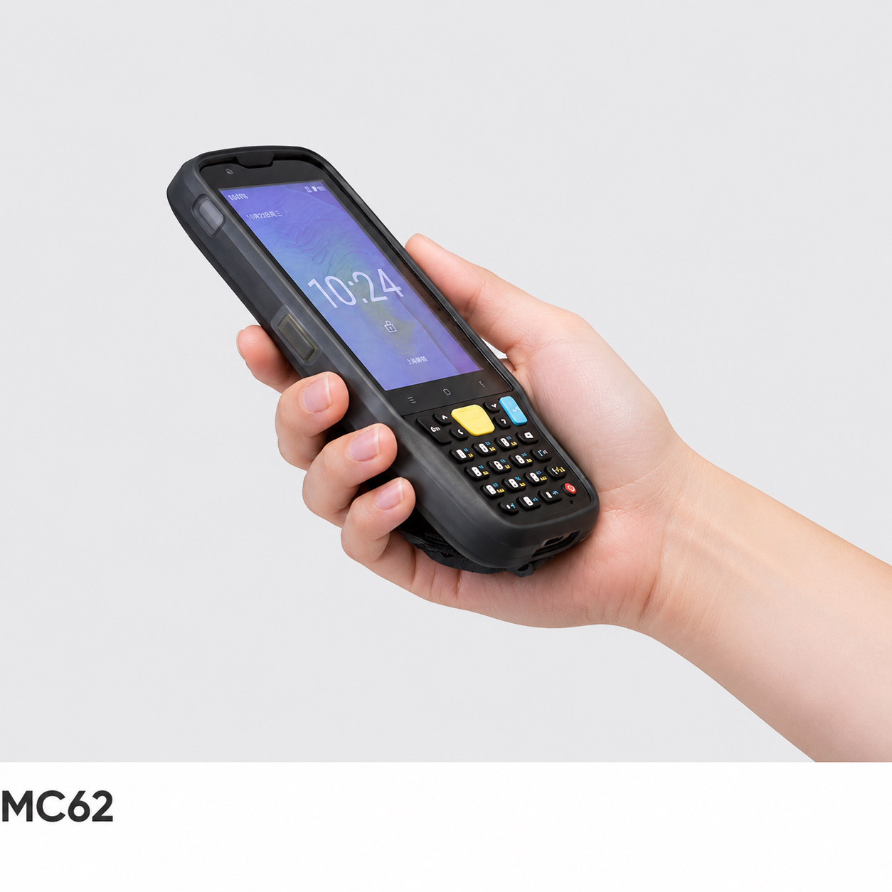 CedaGlo MC62 held in one hand with the thumb resting on the keypad