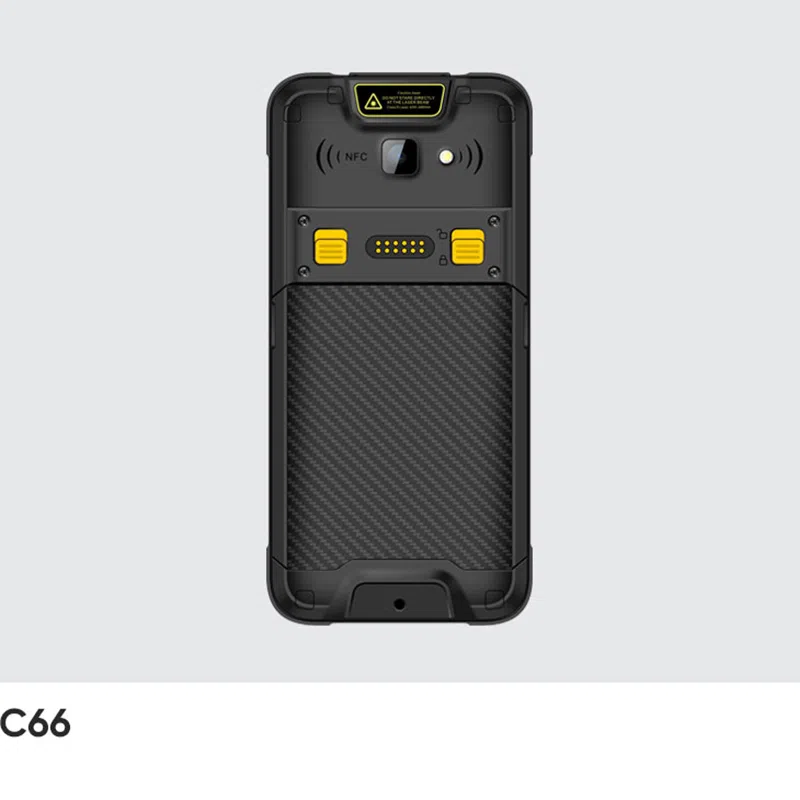Back of the CedaGlo C66 showing the NFC area, camera and the extended thimble pin connector with two latches