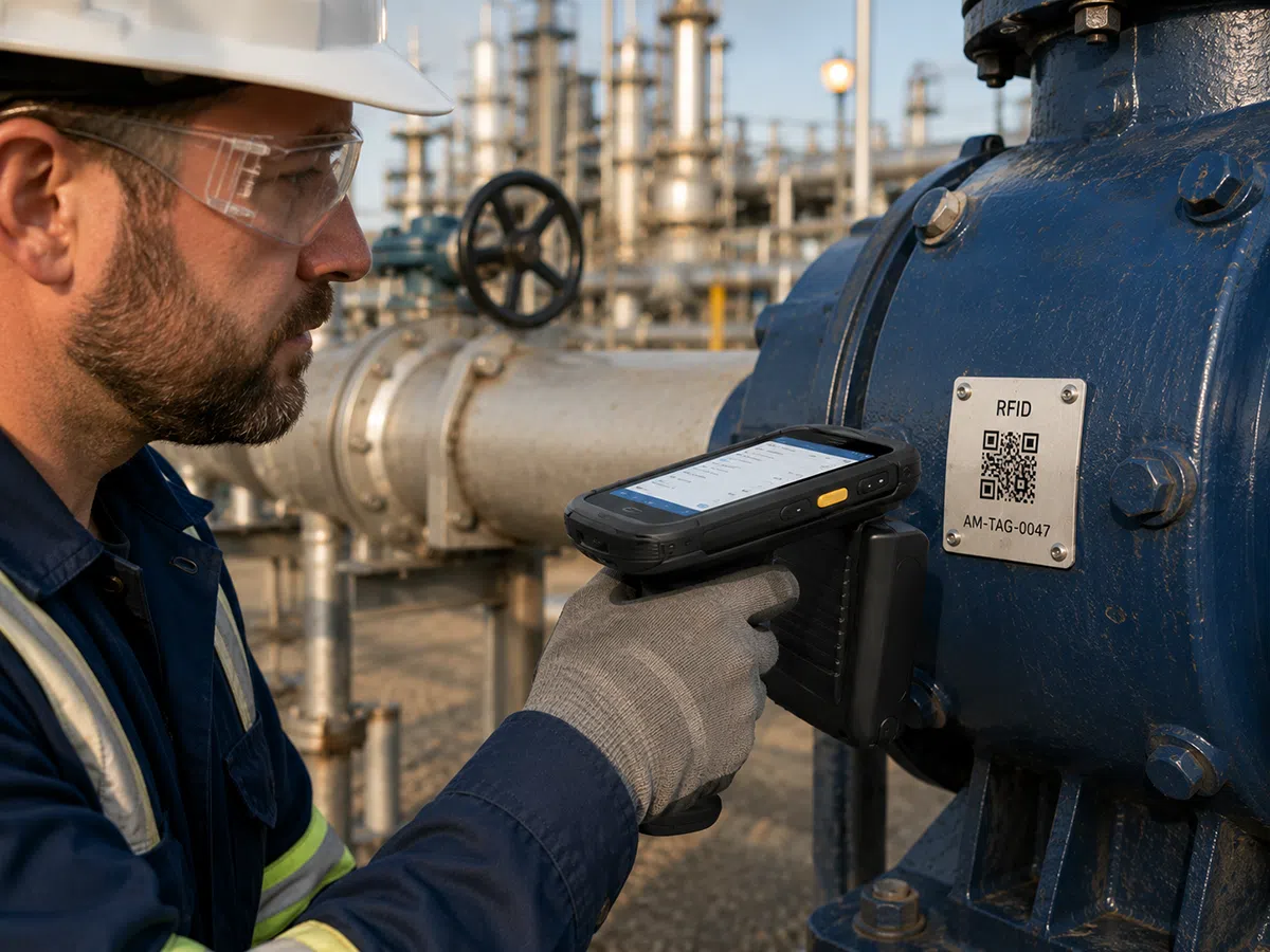 A technician in a hard hat and gloves reading an equipment tag on plant machinery with a CedaGlo C66 fitted with the handle
