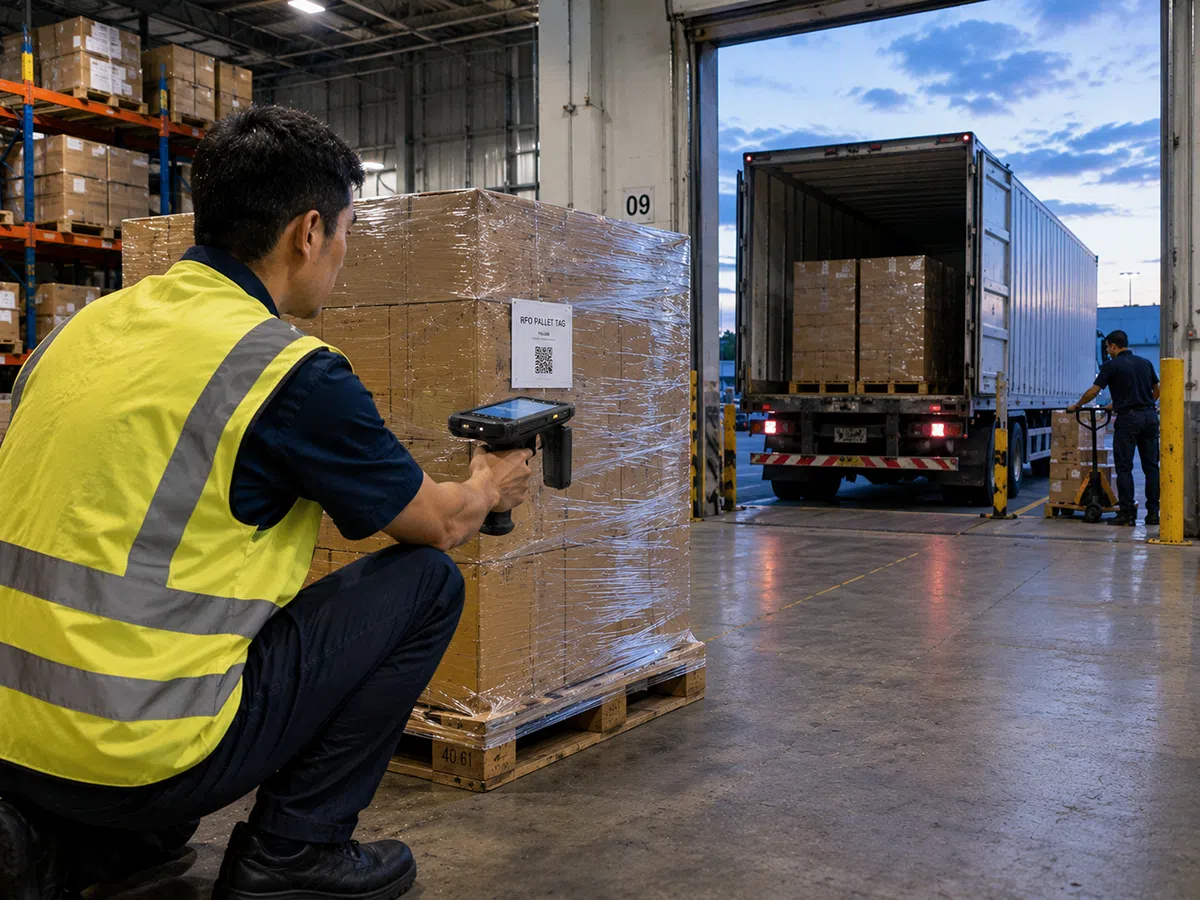 A warehouse operator in a hi-vis vest crouching at a loading dock, reading a pallet tag with a CedaGlo C66 on the handle while a trailer is unloaded behind him