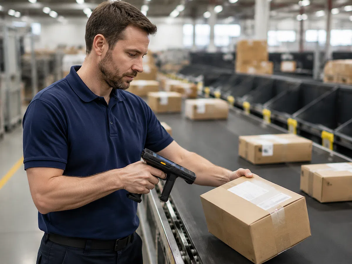 An operator scanning a shipping label on a parcel beside a sortation conveyor