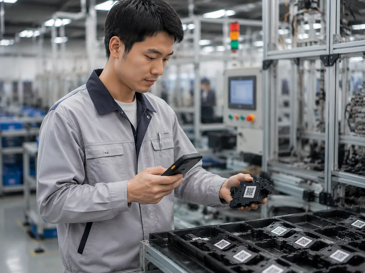 A production line operator scanning a data matrix code on a component tray