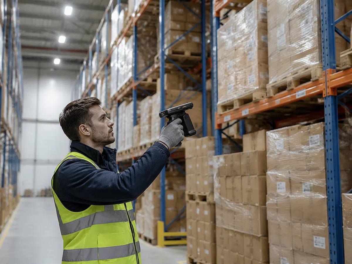 A warehouse worker using the MC51 with a pistol grip to scan a pallet label high on a rack