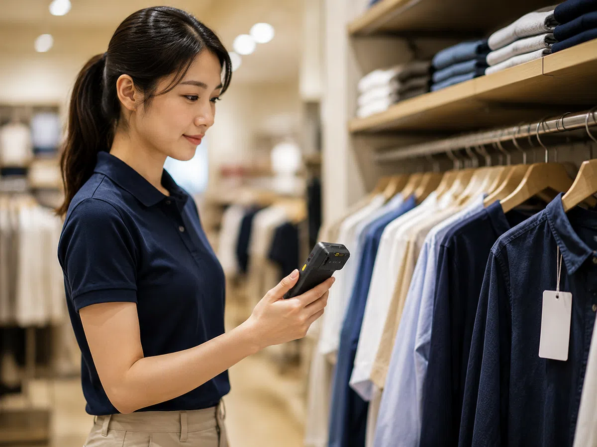 Store associate reading apparel tags on a rack with the CedaGlo MC51S