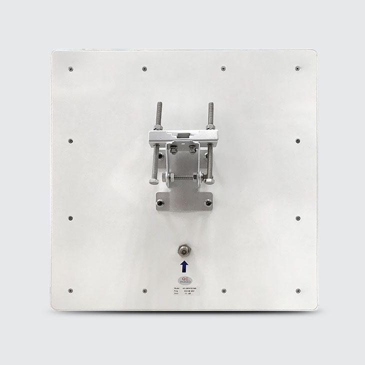 Rear face of the CedaGlo 12dBi Panel Antenna with the N-Type Female connector and the pole mounting bracket