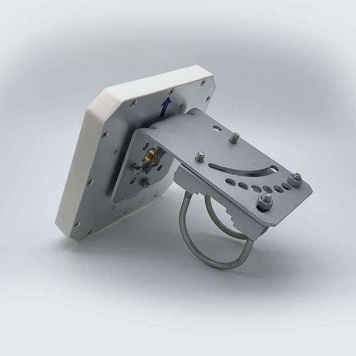 Tilt bracket of the CedaGlo 5dBi Panel Antenna, showing the curved down-tilt slot and the U-bolt that clamps the pole