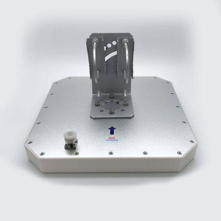 Rear view of the CedaGlo Ant-RC09-255/255 with the pole bracket raised and the N-Type Female connector at the plate edge