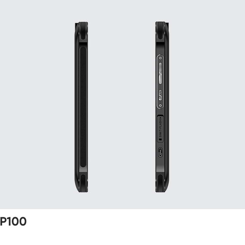 Left and right edges of the CedaGlo P100 showing the scan key, volume keys, card slots and USB Type-C port