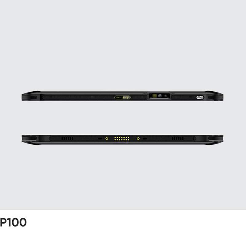 Top and bottom edges of the CedaGlo P100 showing the rear camera with flash and the contacts on the bottom edge