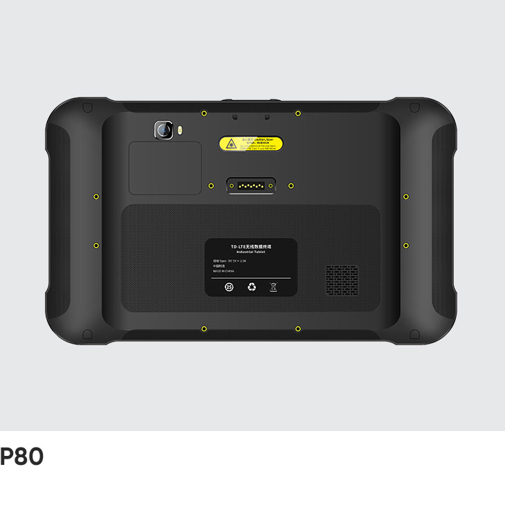 Back of the CedaGlo P80 rugged tablet showing the rear camera, docking contacts, and speaker grille