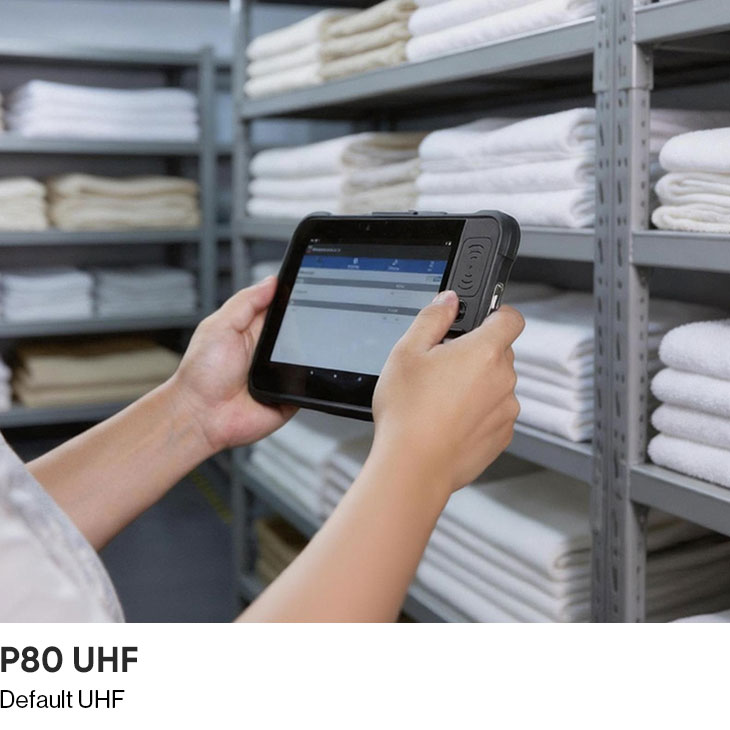 A stockroom worker holds the CedaGlo P80 UHF in front of shelving stacked with folded textiles to count tagged items