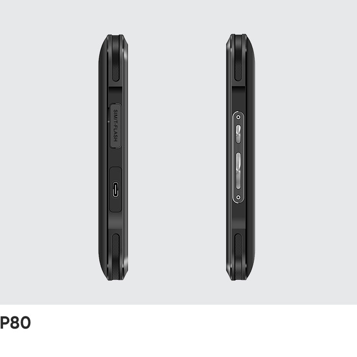 Both long edges of the CedaGlo P80, with the card slot door and USB Type-C port on one side and the volume and power keys on the other