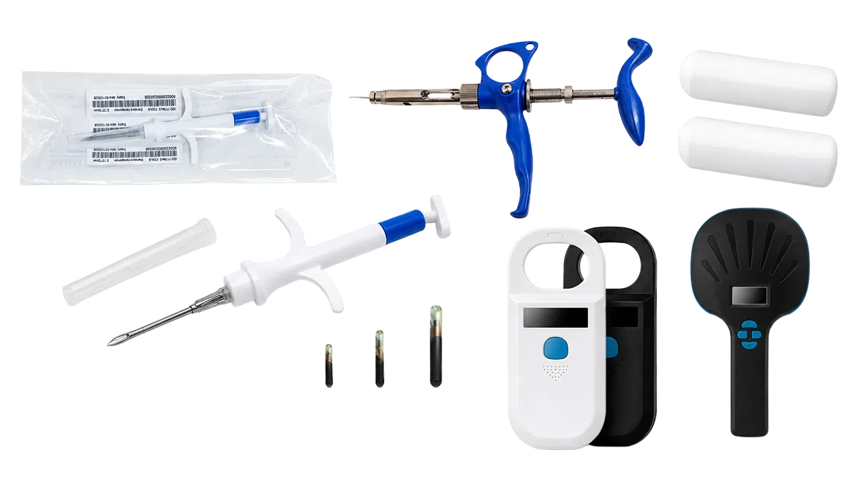 CedaGlo animal identification microchip system with implantable glass tags, sterile implanters and handheld readers