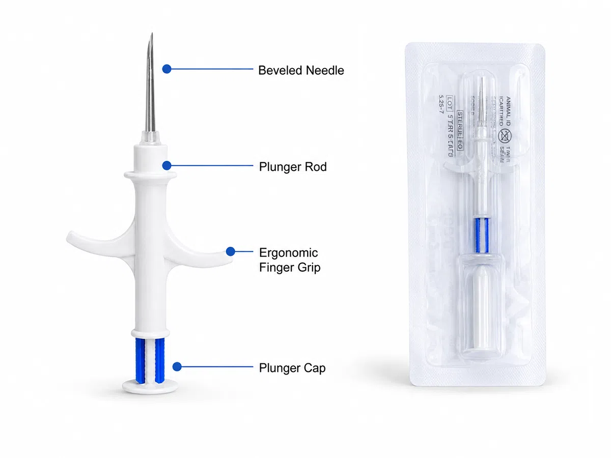 Sterile single-use microchip implanter structure with beveled needle and preloaded animal microchip
