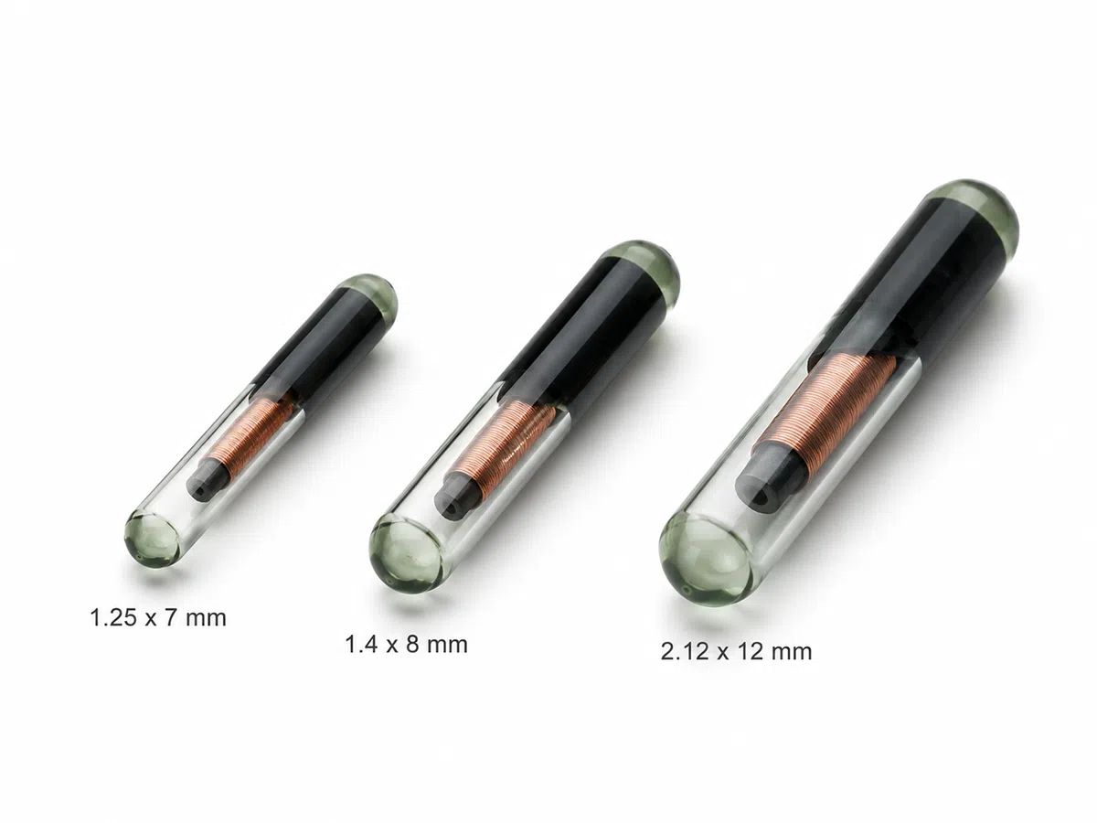 FDX-B implantable glass animal microchip tags in 1.25 x 7 mm, 1.4 x 8 mm and 2.12 x 12 mm sizes