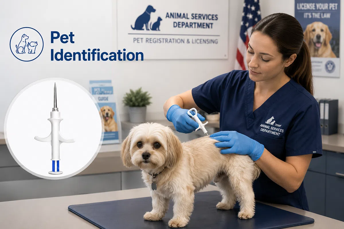 Pet microchip identification for dogs and cats using FDX-B implantable glass tags