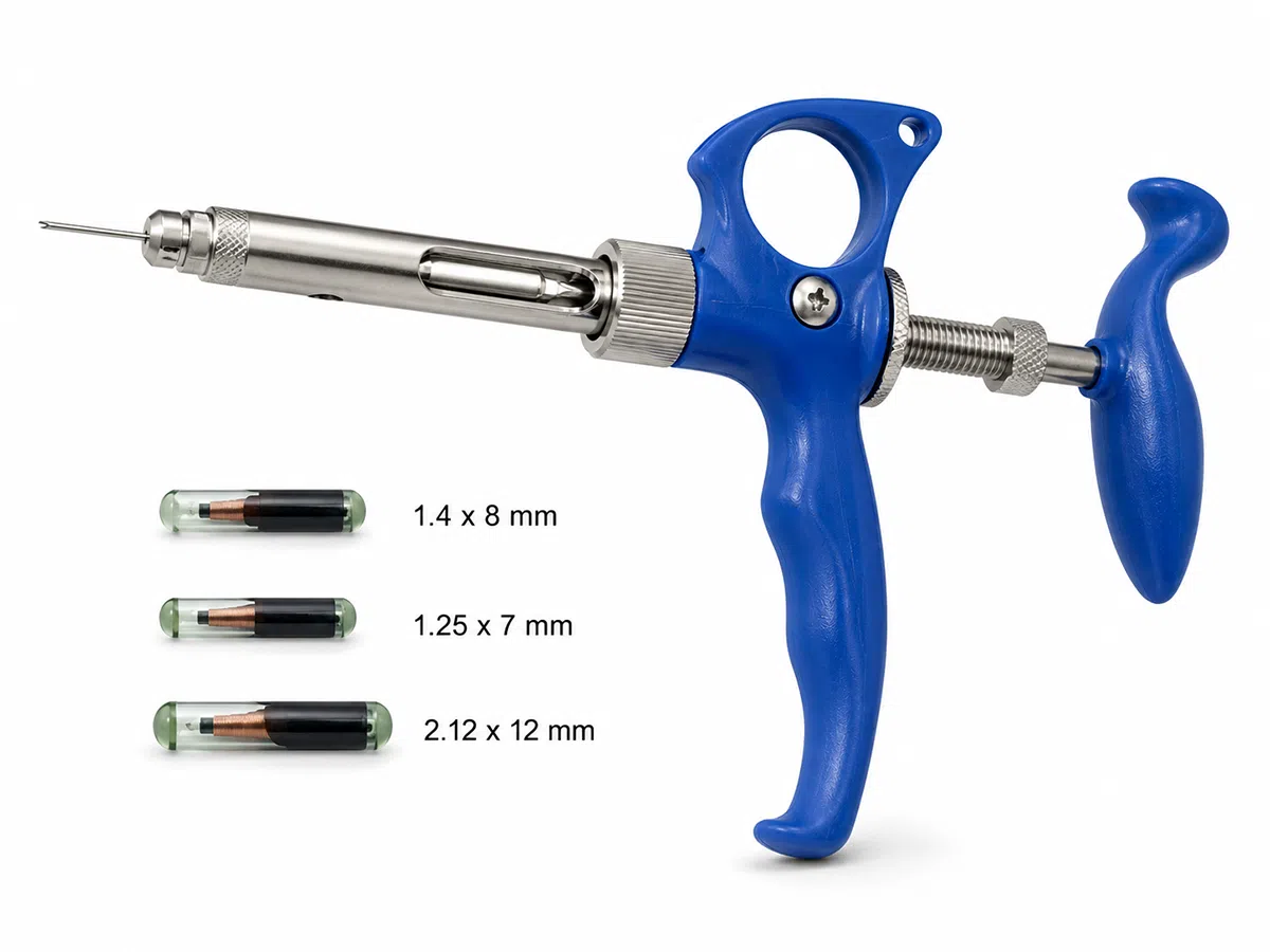 Reusable pistol grip microchip implanter for veterinary animal identification projects