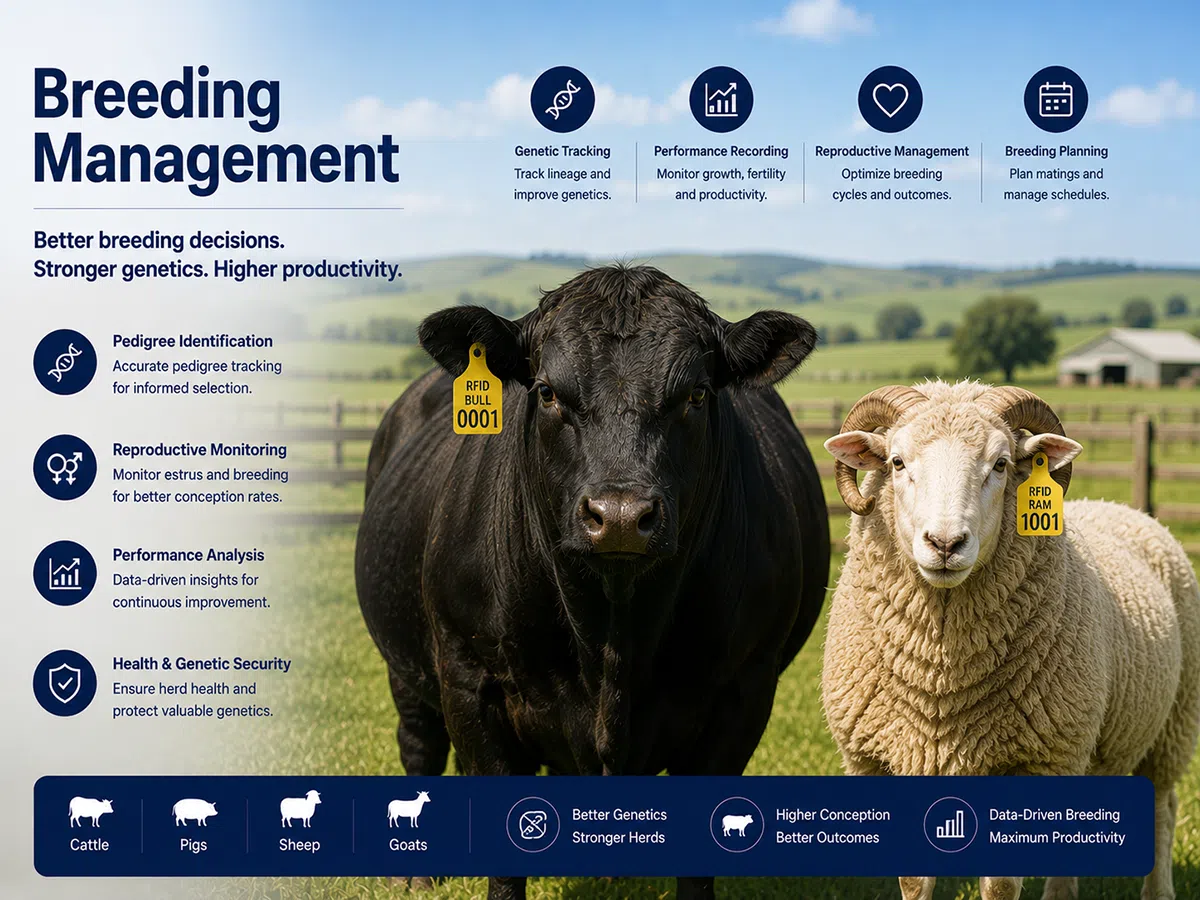 RFID ear tag linked to animal breeding records on a farm