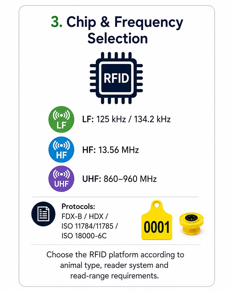 LF, HF and UHF chip and frequency selection options for RFID animal ear tags