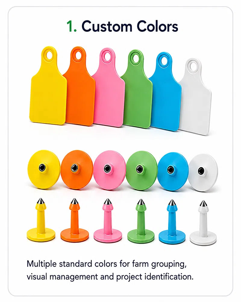 Custom color RFID animal ear tags in yellow, orange, pink, green, blue, white and red
