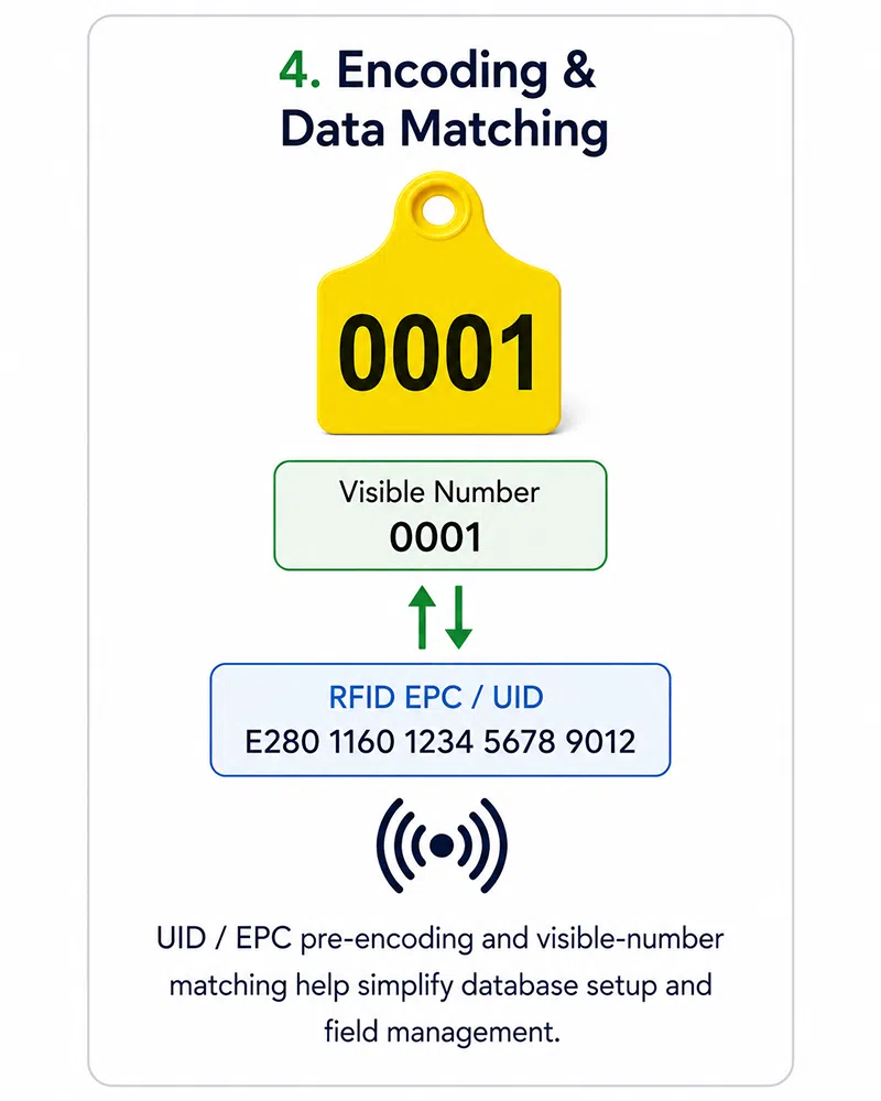 RFID encoding and data matching between printed number and chip ID on animal ear tags