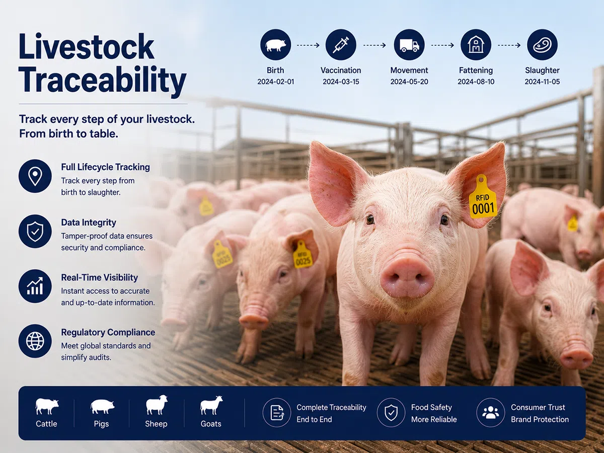 RFID livestock ear tag supporting farm-to-processing traceability