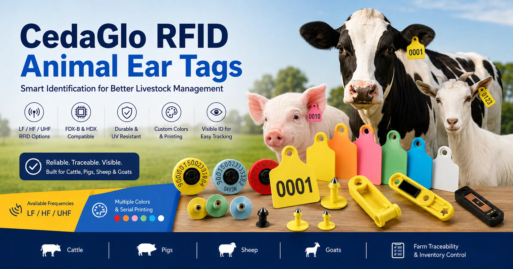 CedaGlo RFID animal ear tags for cattle, pigs, sheep and goats with LF, HF and UHF options for farm traceability