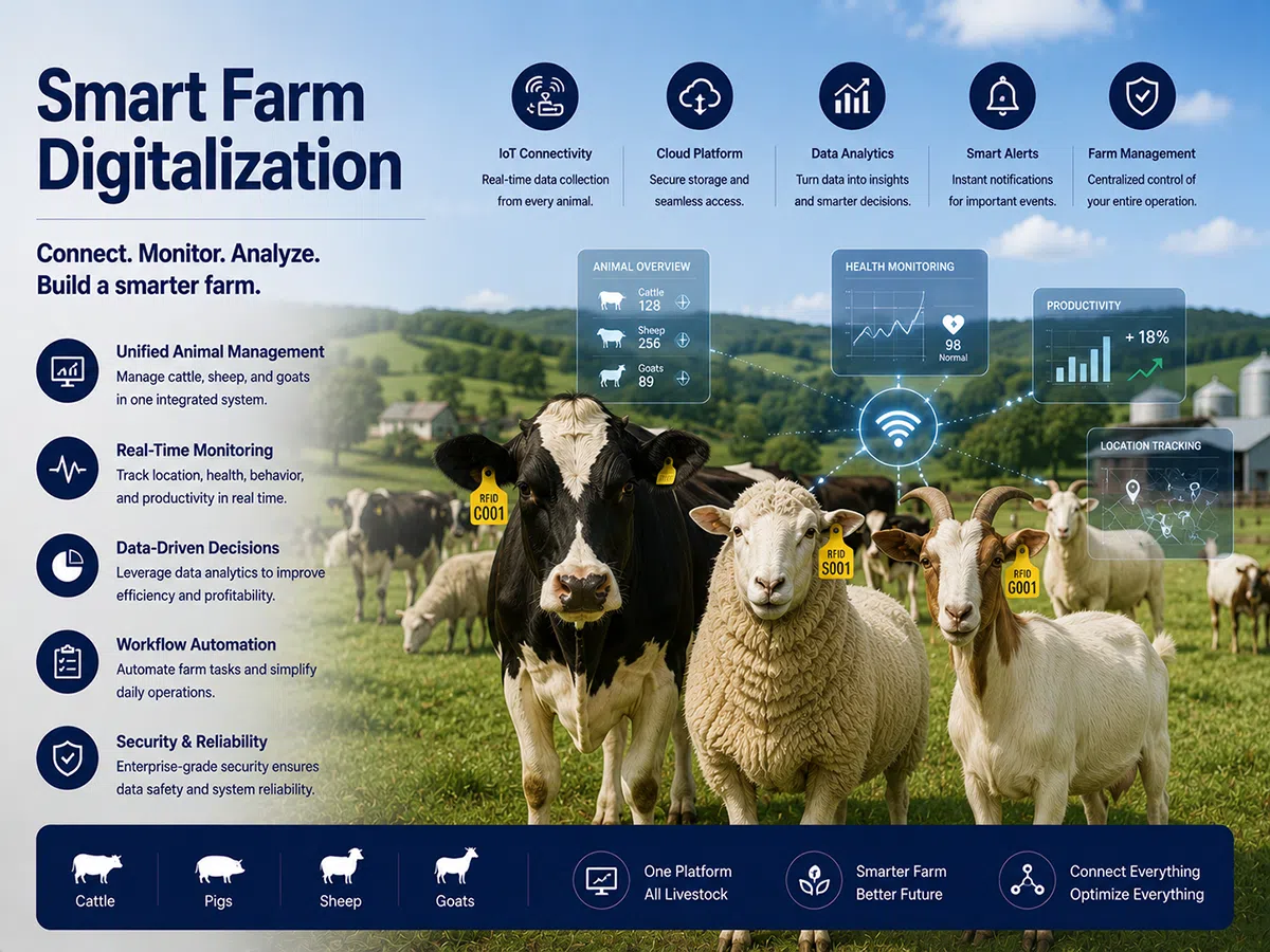 RFID ear tag feeding data into a smart farm digital management system