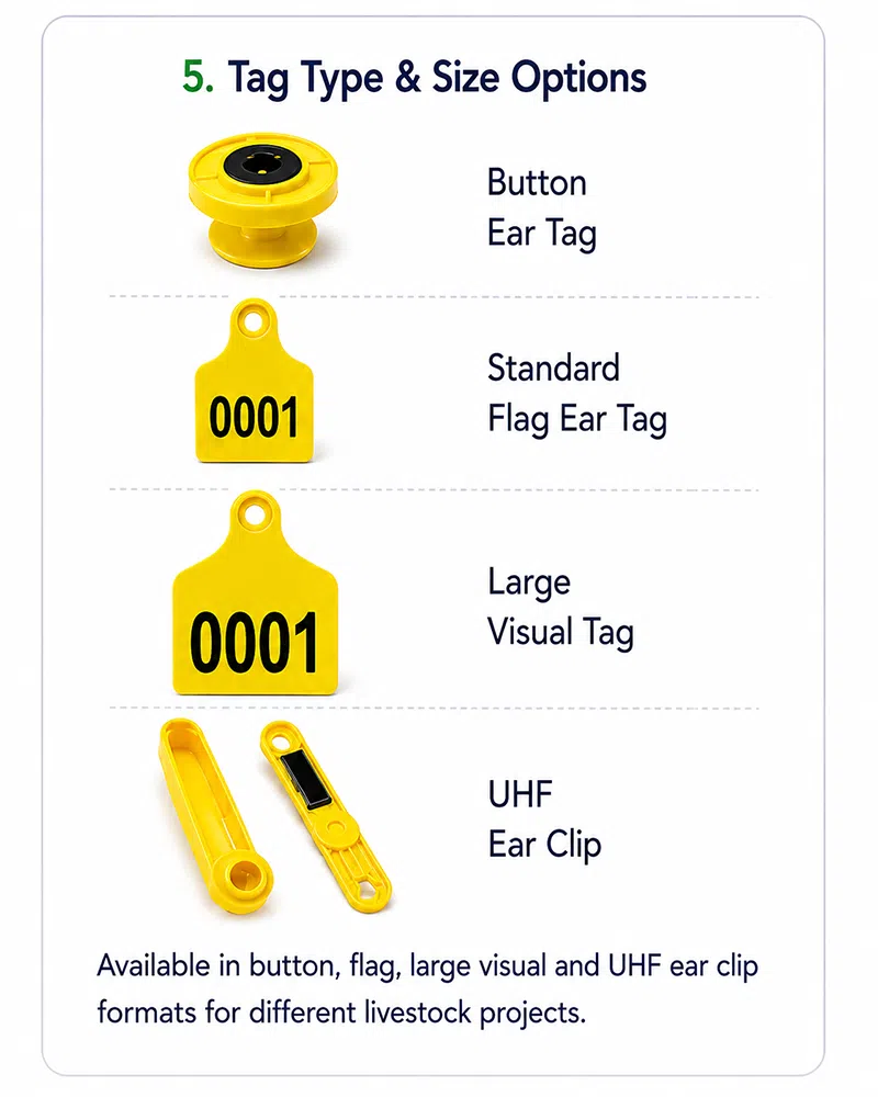 Button, flag and large visual RFID ear tag type and size options