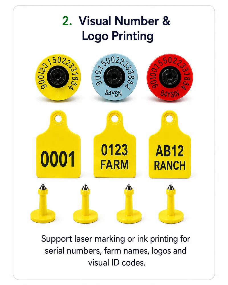 RFID ear tags with laser serial number, logo and visible numbering