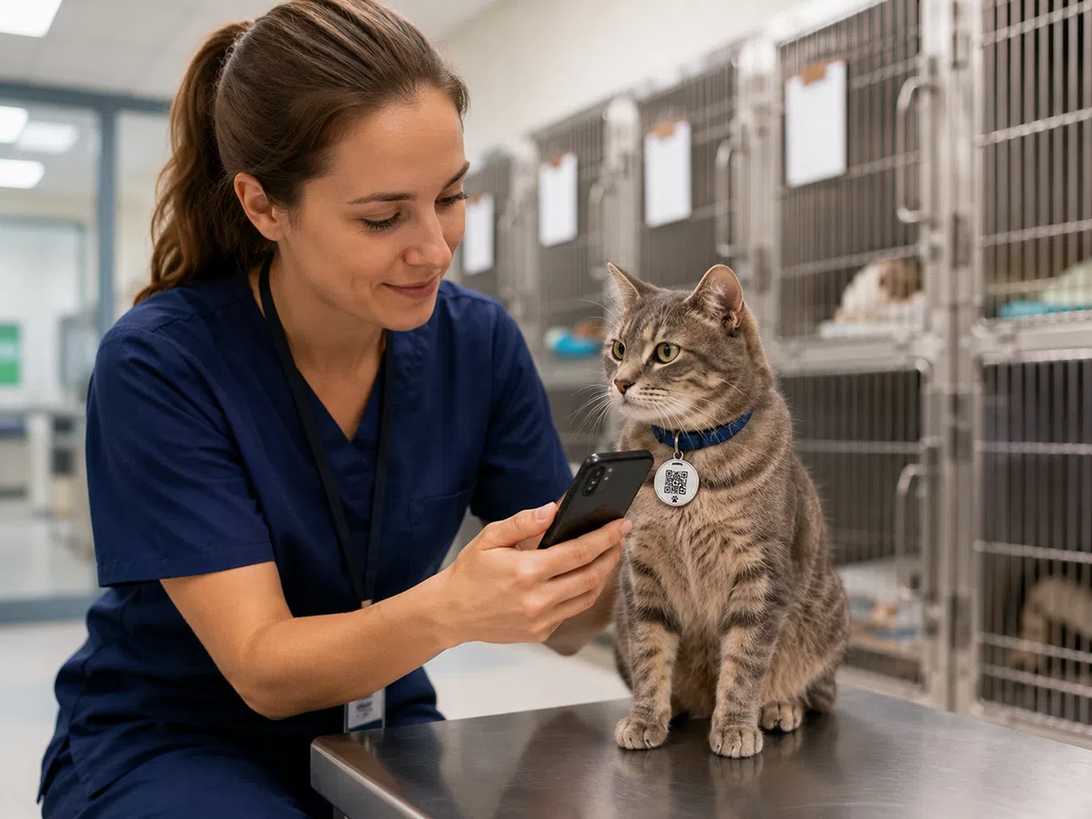 Animal shelter staff using RFID QR pet ID tags for intake and identification
