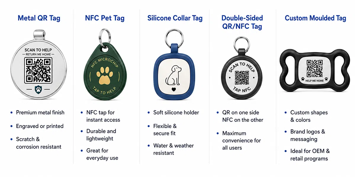 CedaGlo pet ID tag product styles including metal QR tag NFC pet tag silicone collar tag double-sided tag and custom moulded tag
