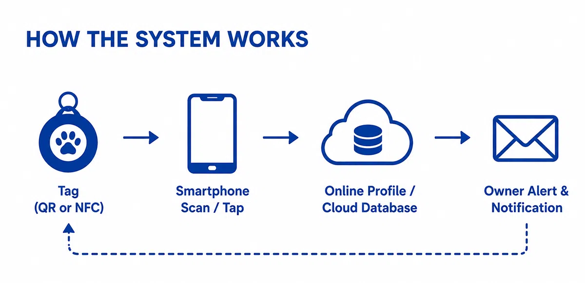 CedaGlo pet ID tag system workflow: tag to smartphone scan to online profile to owner alert and notification
