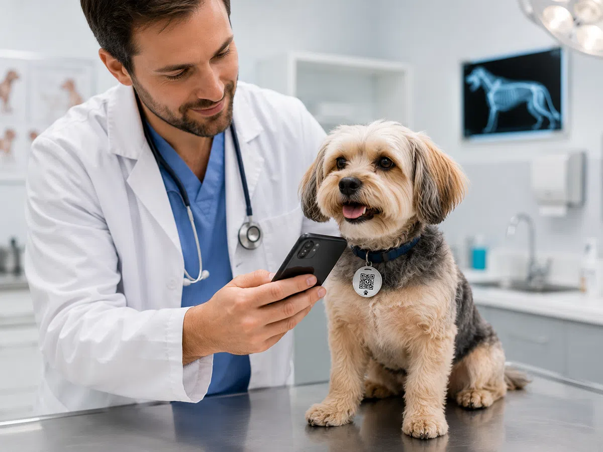 Veterinarian using NFC pet ID tag to access pet profile at clinic