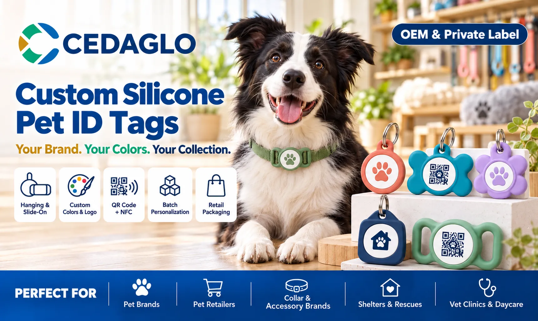 CedaGlo custom silicone pet ID tags banner with border collie and hanging and slide-on tags
