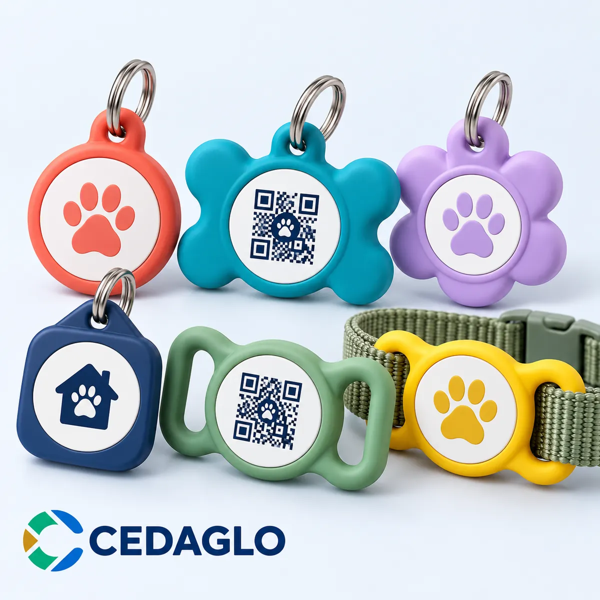 CedaGlo custom silicone pet ID tags in hanging and slide-on styles