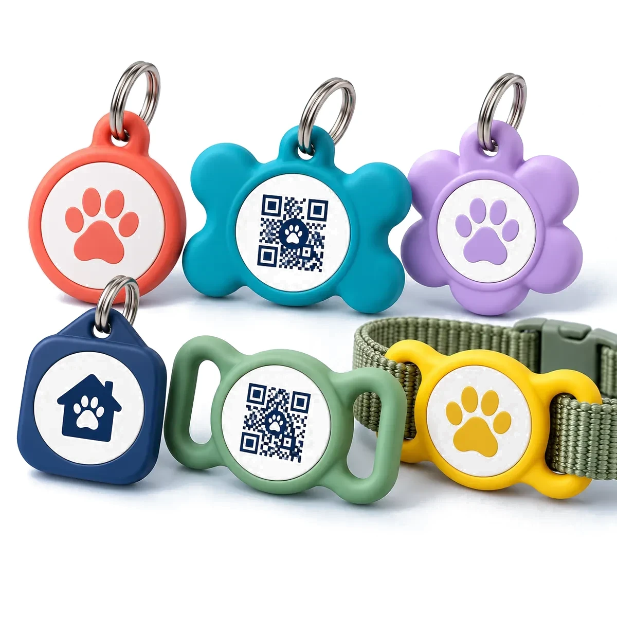 CedaGlo custom silicone pet ID tags in round, bone, flower, house and slide-on shapes