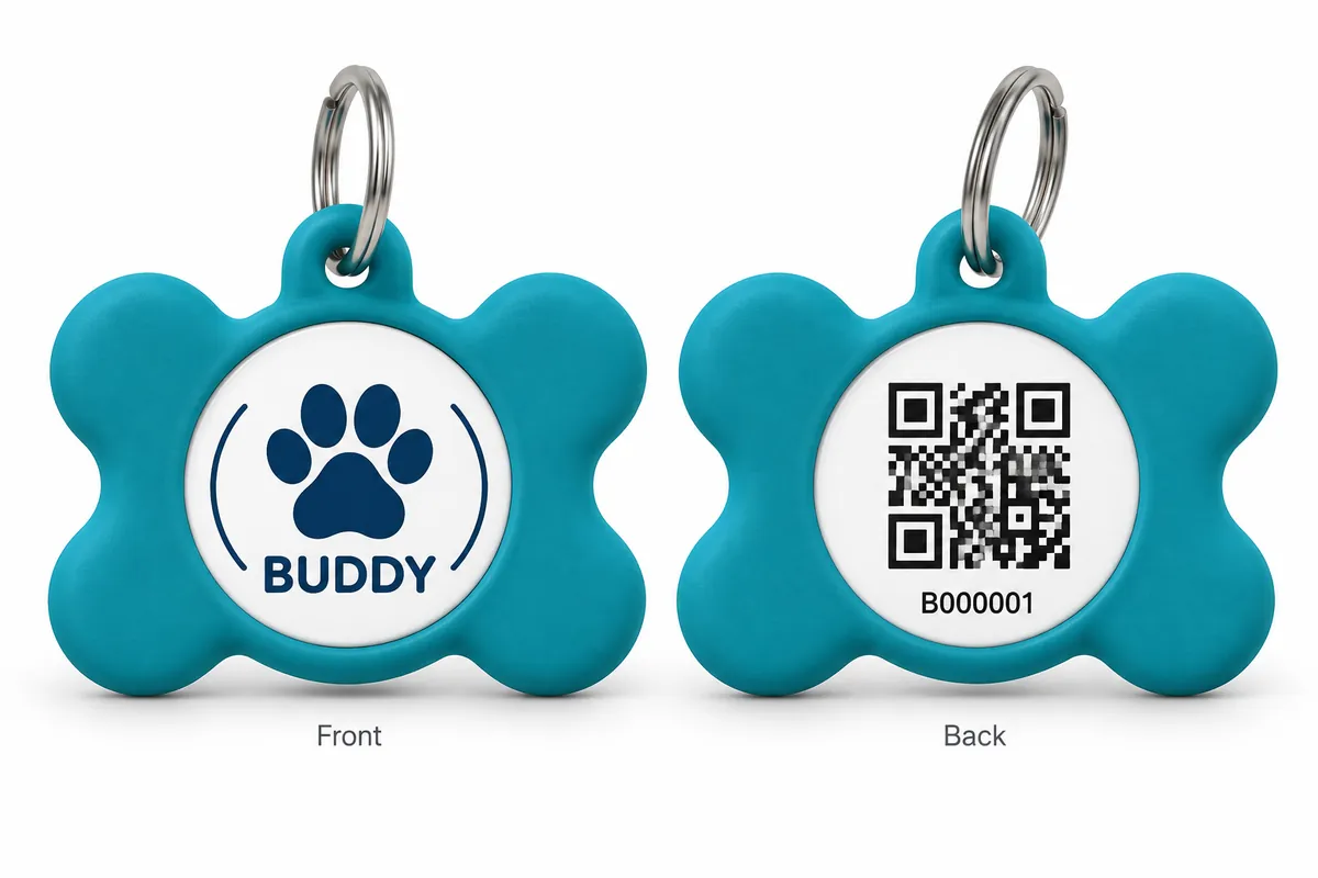 Bone-shaped hanging silicone pet ID tag with paw design on the front and QR code insert on the back