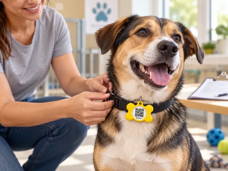 Shelter volunteer fastening a collar with a yellow bone-shaped silicone ID tag on an adopted dog