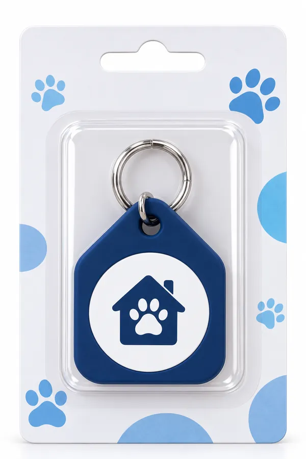 Navy silicone pet ID tag with split ring in a clear blister on a printed retail hang card