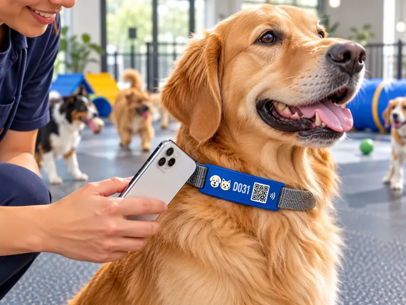 Daycare staff tapping a smartphone on a blue slide-on NFC silicone tag on a golden retriever's collar