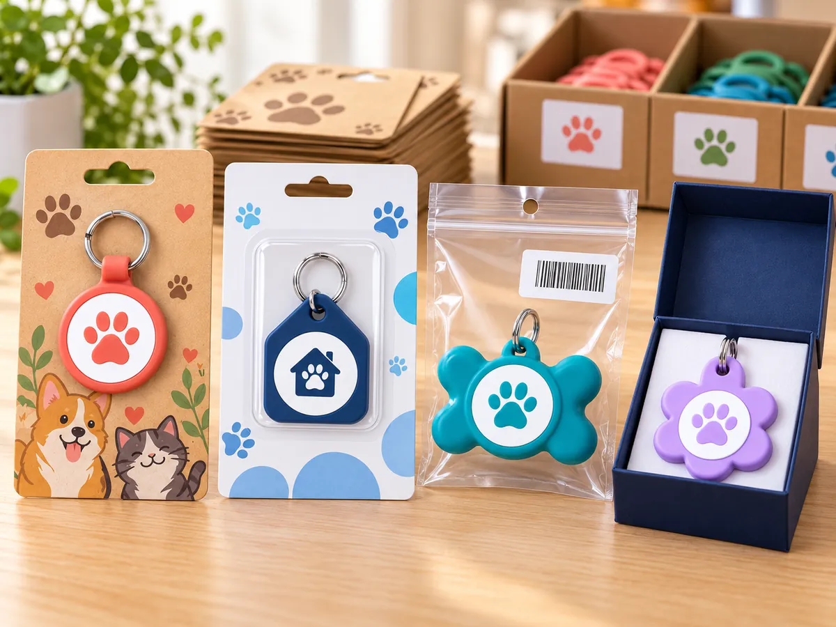 Retail packaging options for silicone pet ID tags: kraft backing card, blister hang card, poly bag with barcode label and gift box