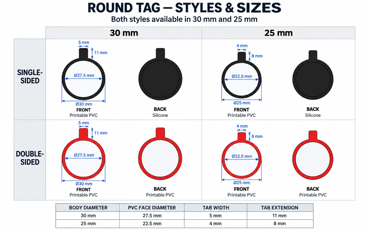 Round silicone pet ID tag dimensions: 30 mm and 25 mm, single-sided and double-sided, with PVC face diameter and tab sizes