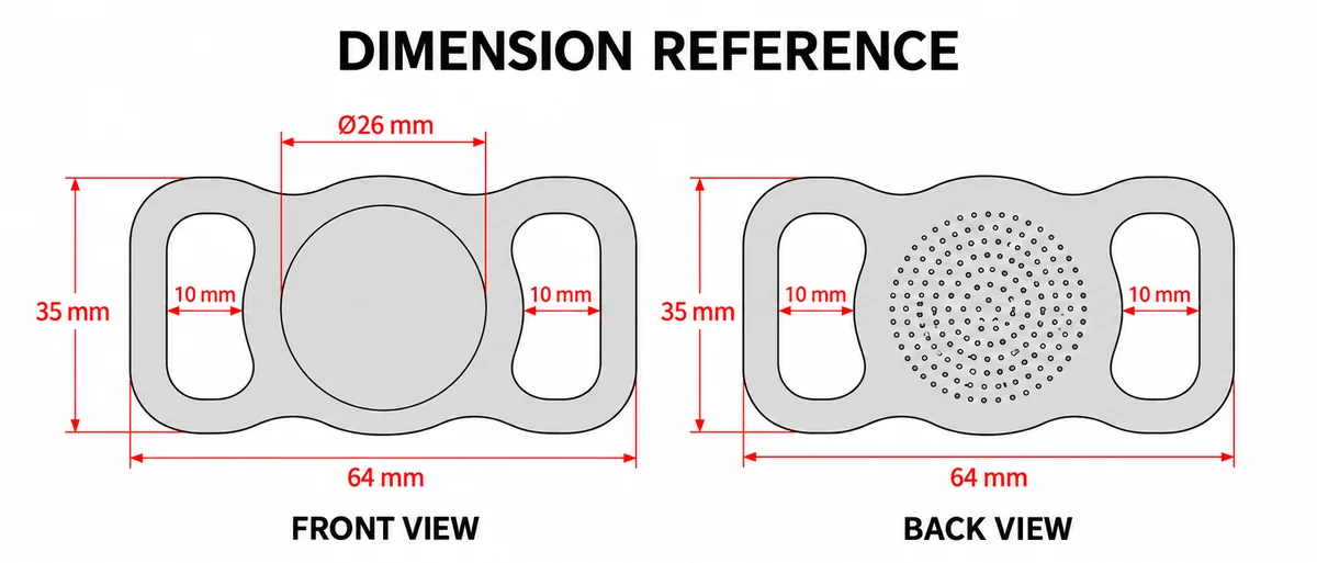 Slide-on silicone pet ID tag dimensions: 64 x 35 mm body, 26 mm front display area and 10 mm side openings, front and back views
