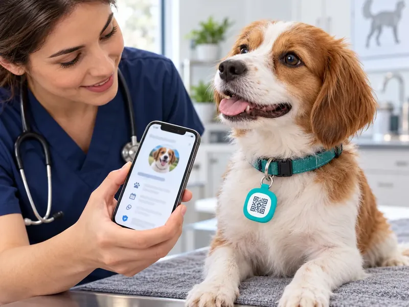 Veterinarian scanning the QR code on a teal square silicone pet tag with a smartphone