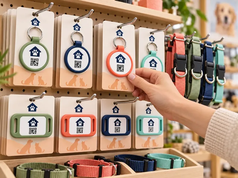 Private label silicone pet ID tags on branded backing cards displayed on a pet store pegboard with matching collars