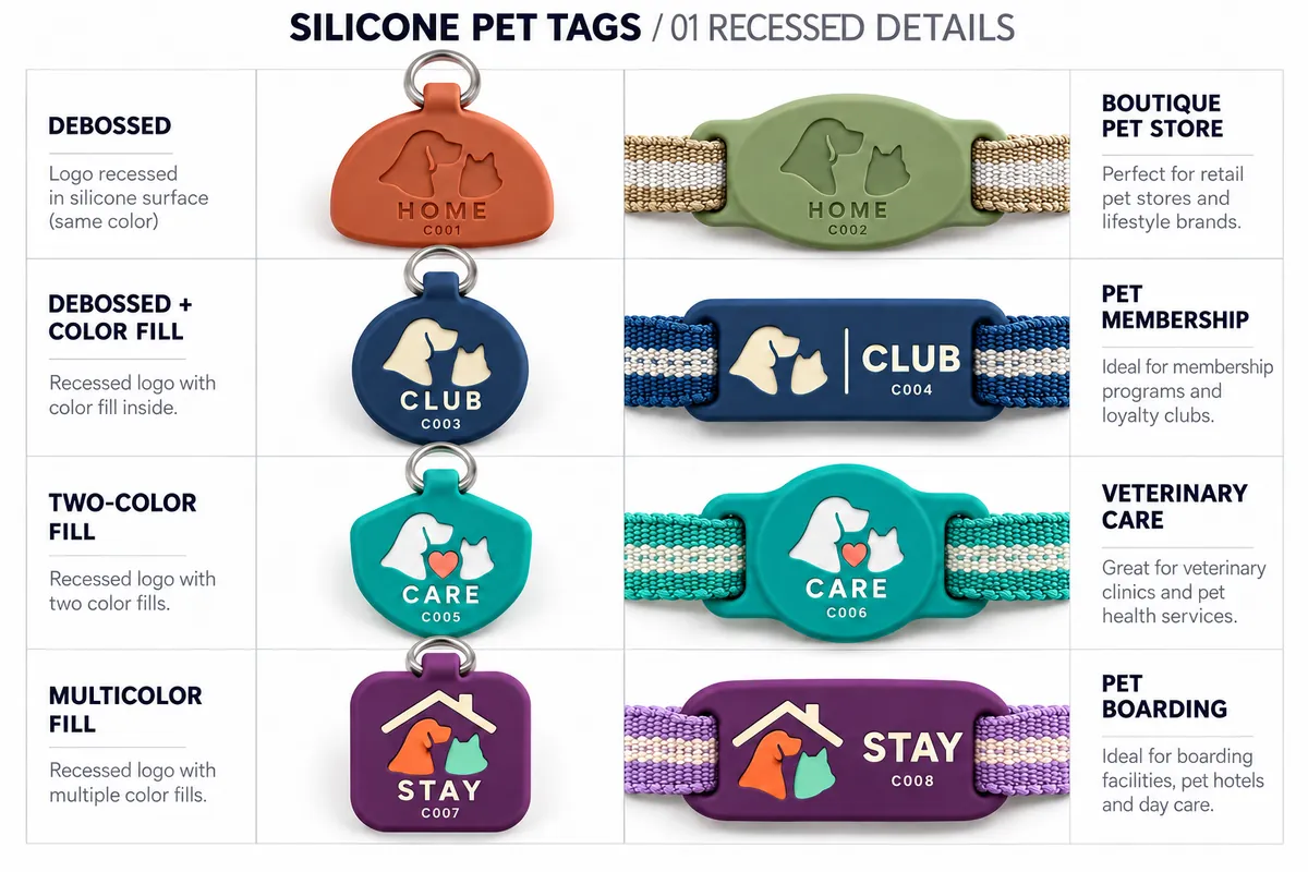 Debossed silicone pet tags with single-color, two-color and multicolor fill on hanging and slide-on styles